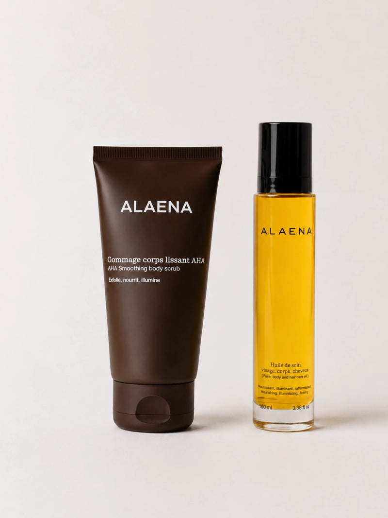 Duo Exfoliation & Éclat Alaena composé d'un gommage corps aux AHA de fruits et d'une huile nourrissante multi-usages